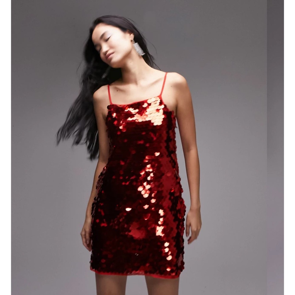 NWT Topshop Women's Red Satin Sequin Disc Sleeveless Mini Dress Size 14